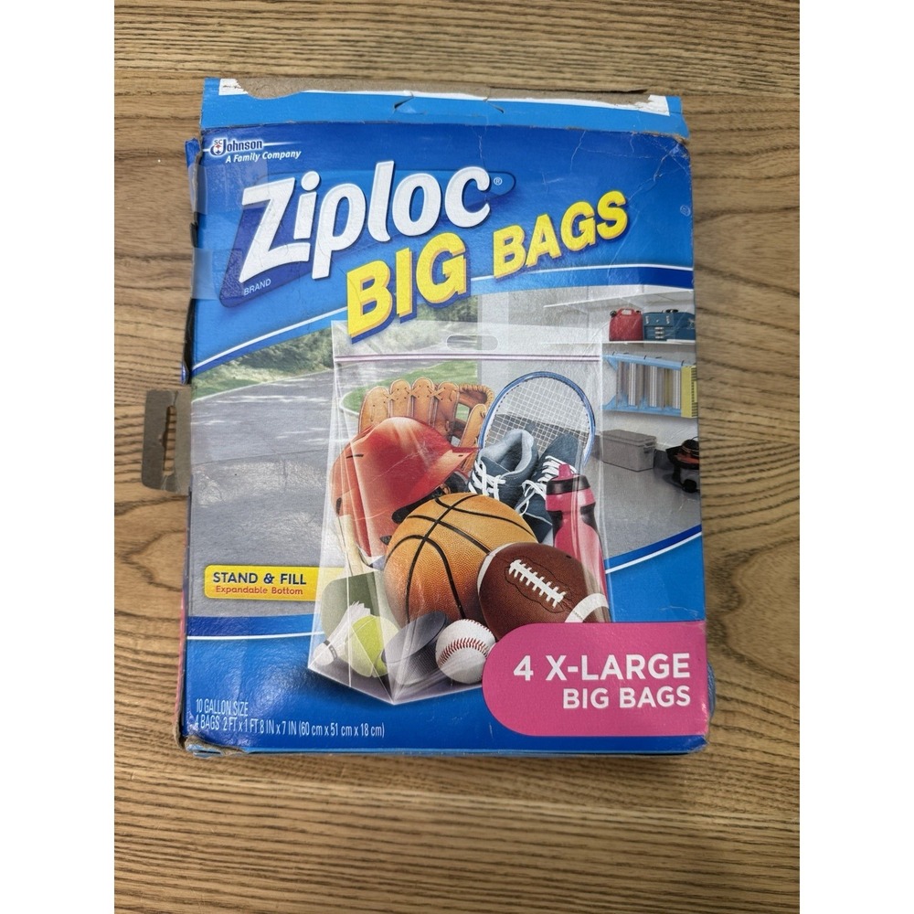 Ziploc Big Bag 4 Count XL 10 Gallon 24"x20"x7" Double Zip Lock Sturdy Handle